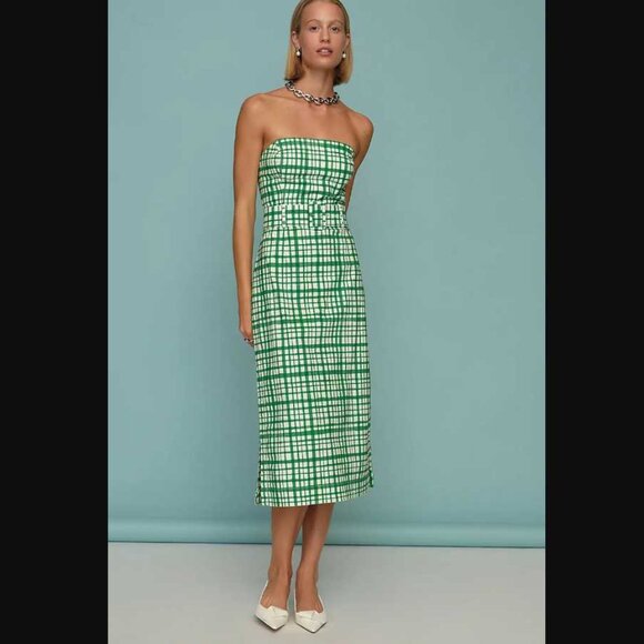 New L Maeve x Anthropologie strapless belted midi dress in green plaid - Picture 1 of 13